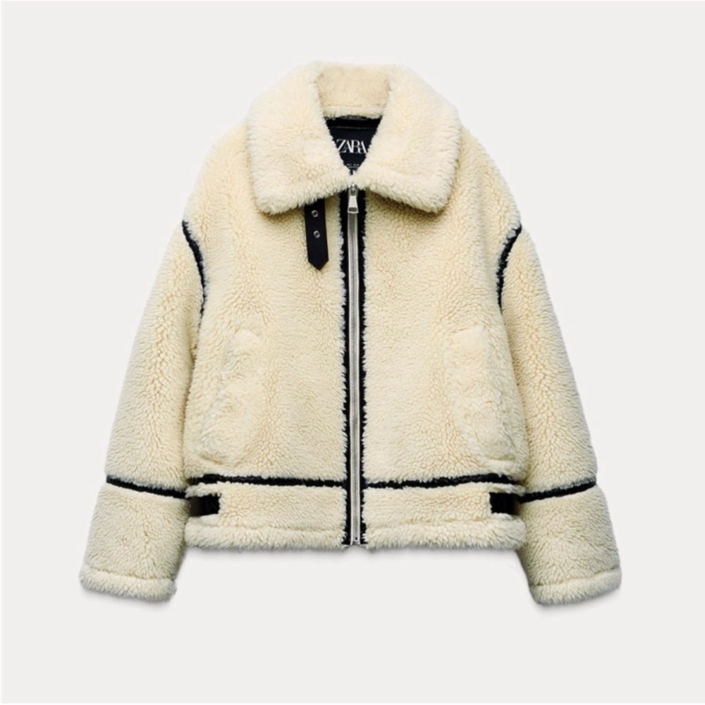 Zara Cream Teddy Jacket with Black Trim